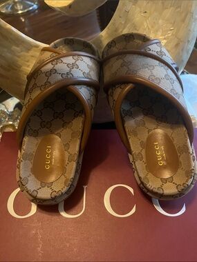 Gucci Brown GG Canvas Logo Slide Sandals